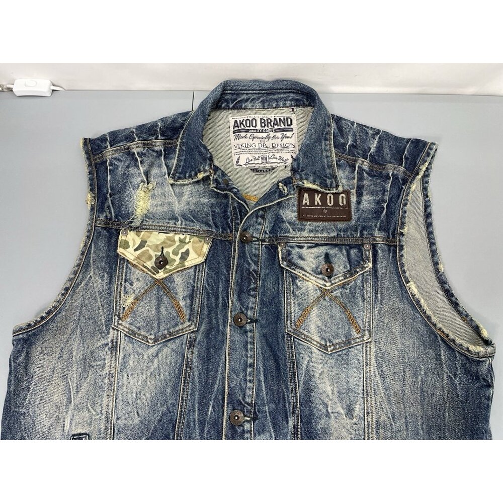 Akoo Brand Jean Vest Denim Camo‎ Distressed Biker Hip Hop Streetwear Mens 3XL